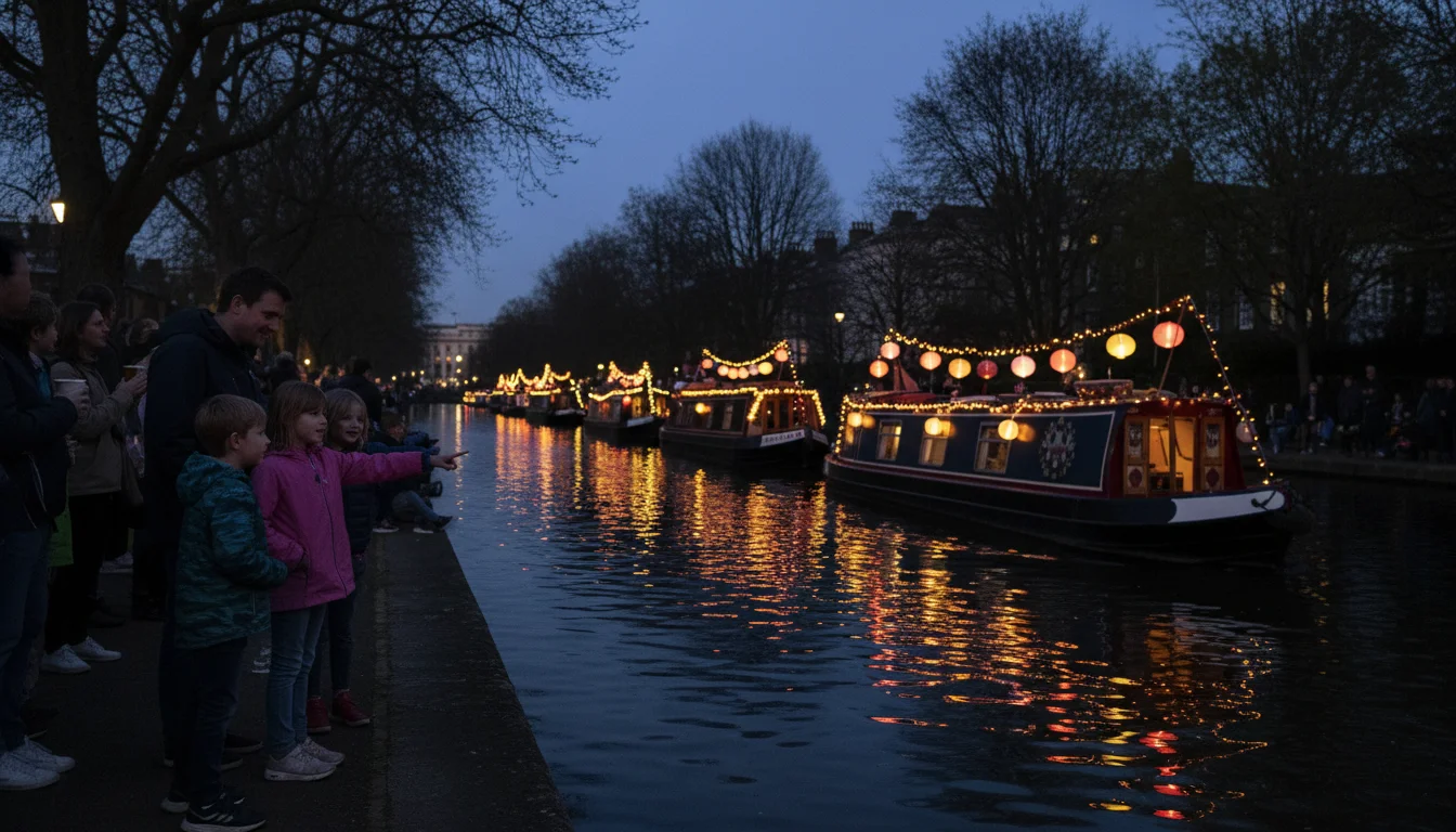 מצעד הסירות המוארות של Canalway Cavalcade בערב יום ראשון, סירות תעלה עם אורות צבעוניים על המים בלילה, משפחה צופה מהגדה