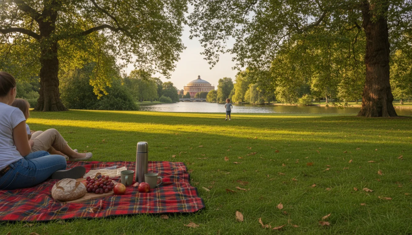 Kensington Gardens - פיקניק משפחתי באוגוסט עם הרויאל אלברט הול ברקע, על הדרך לקונצרט פרומס
