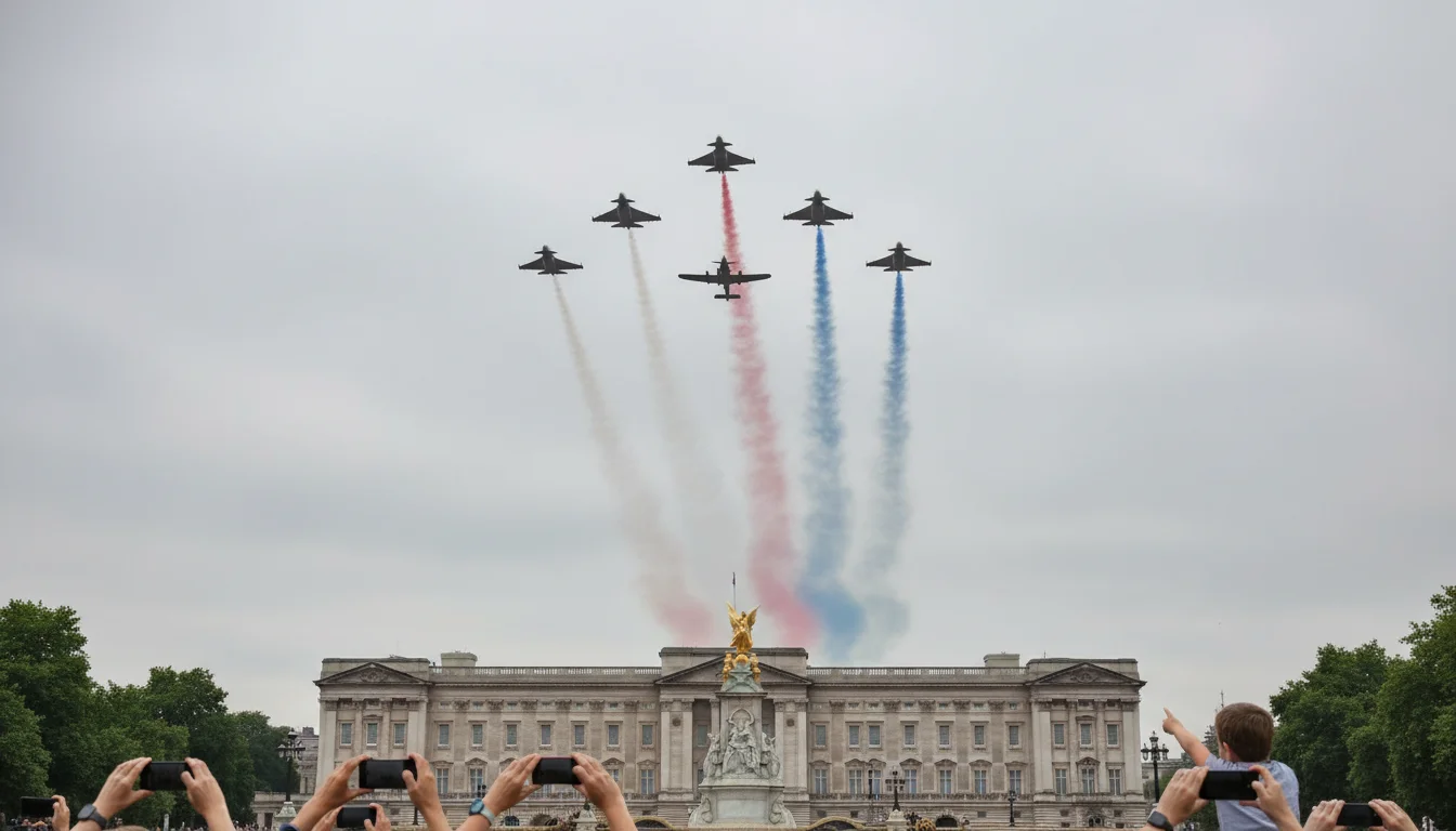 flypast של ה- RAF מעל Buckingham Palace בסוף Trooping the Colour - מטוסים בתצורה עם פסי עשן אדום-לבן-כחול וקהל בתחתית הפריים
